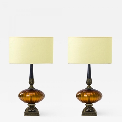 Amber irised glass urn shaped pair of awesome lamp with oxidized 