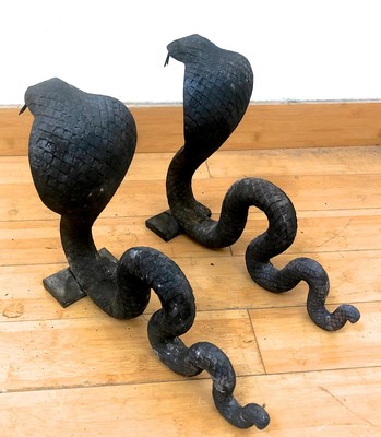 Edgar Brandt pair of bronze Cobra Andirons in vintage condition