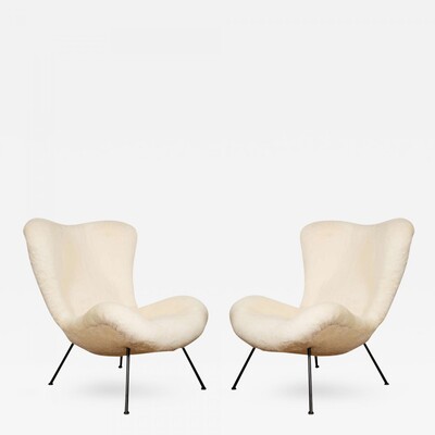 Fritz Neth Pair of Chairs in Raw White Wool Teddy Bear Cloth
